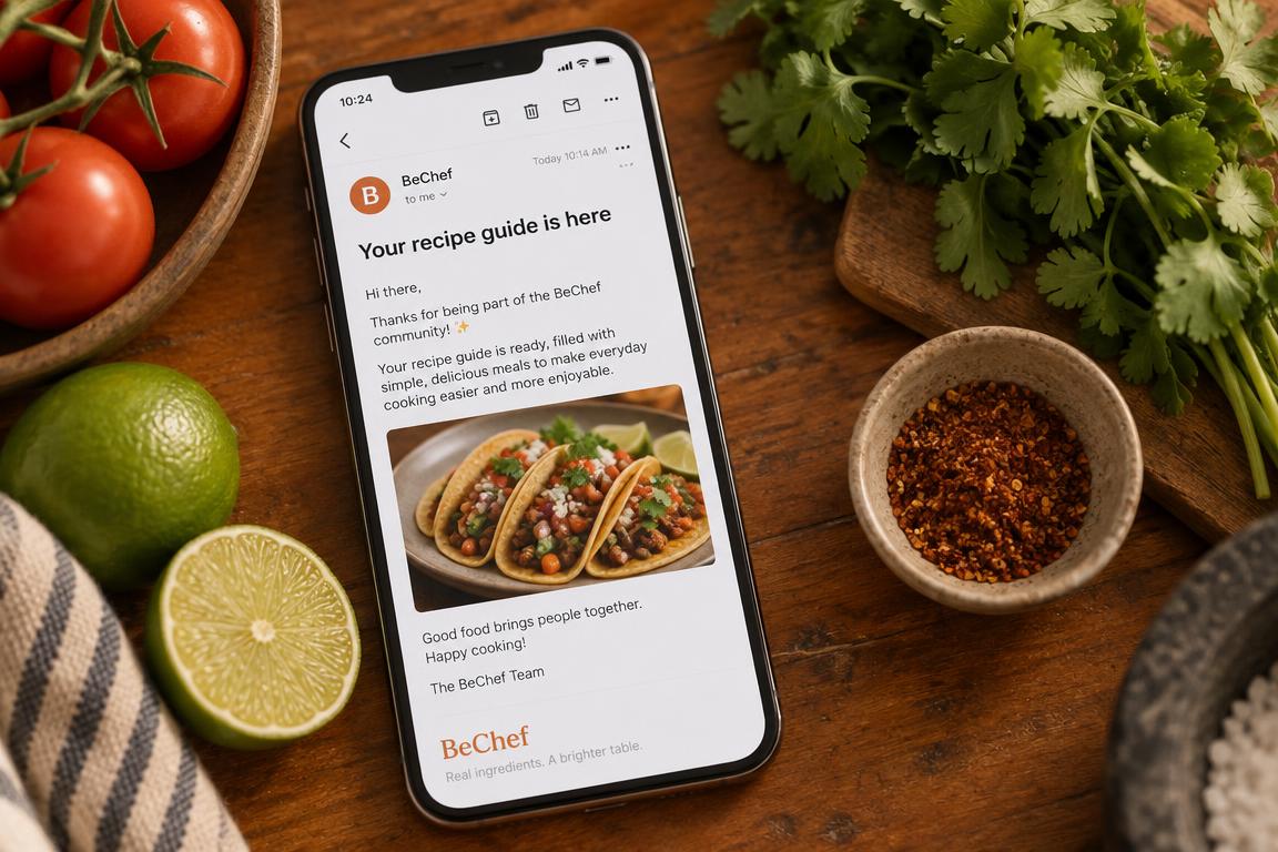 A phone on a wooden table showing the BeChef recipe guide email, next to fresh ingredients
