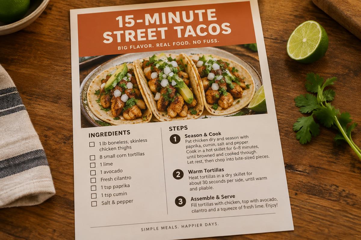 A printed page from the BeChef guide showing the 15-minute street tacos recipe with ingredients and steps