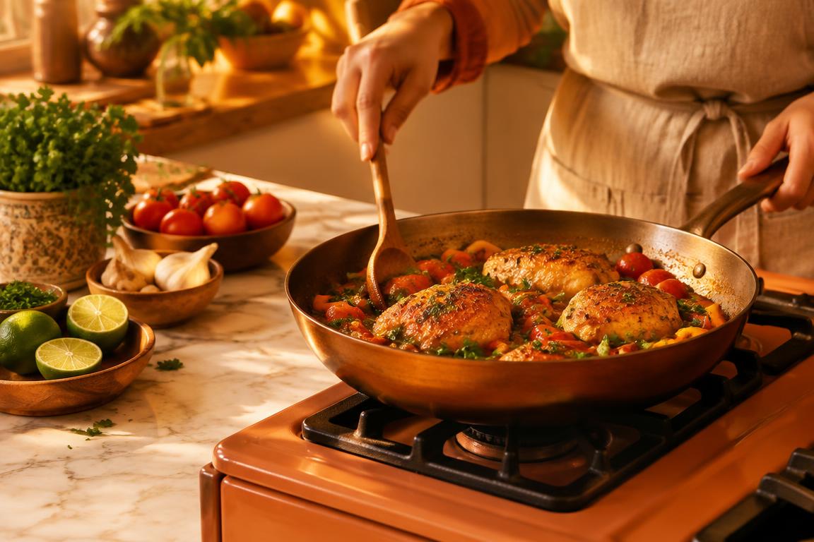 Hands cooking golden chicken thighs in a skillet in a warm home kitchen
