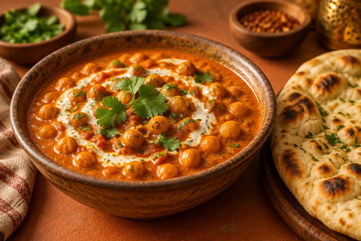 Butter chickpea curry with a swirl of cream, cilantro and naan bread