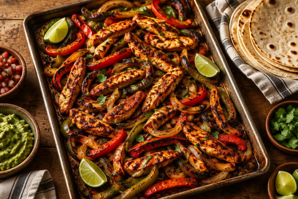 Sheet-pan chicken fajitas with charred peppers, onions and lime wedges