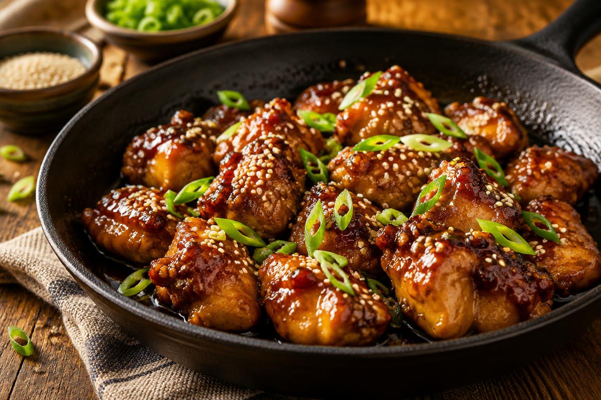 Sticky honey soy chicken glazed and glossy with sesame seeds and scallions