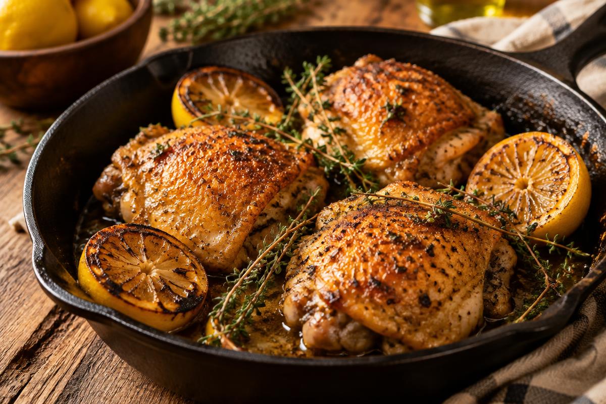 Crispy lemon chicken thighs in a cast iron skillet with charred lemon halves and thyme