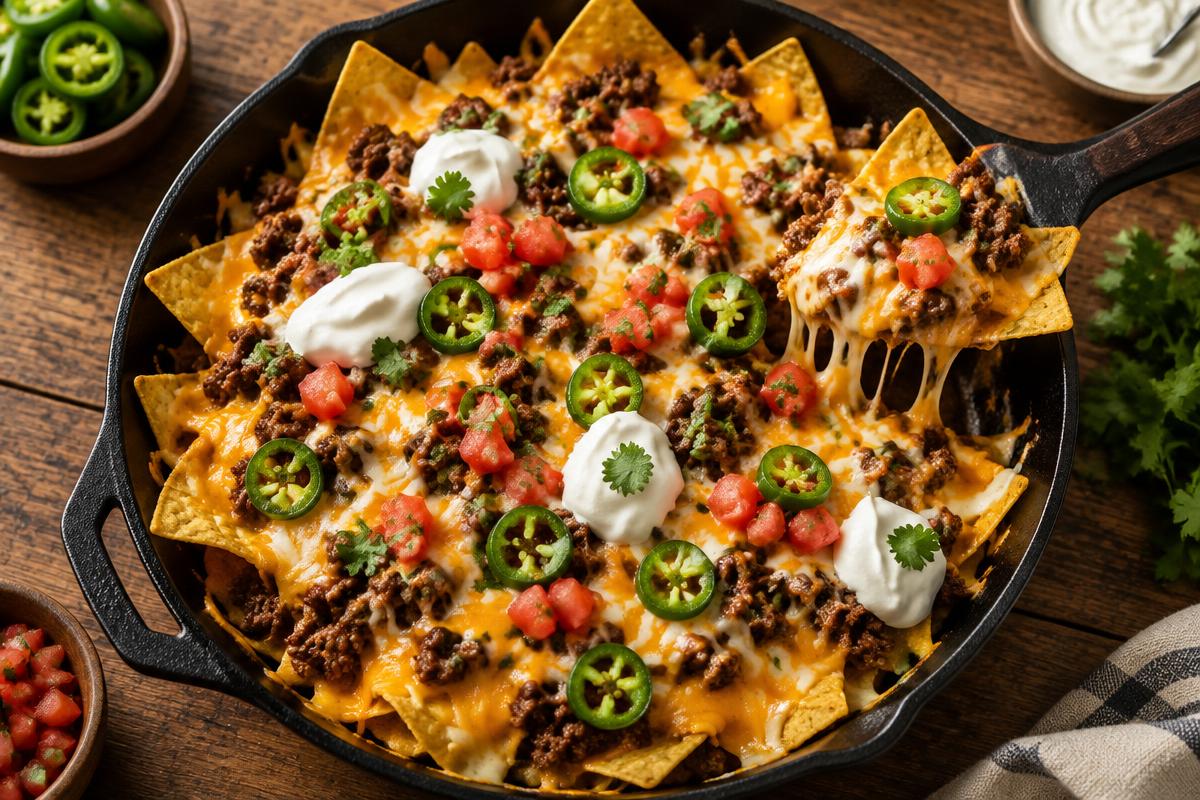 Loaded beef nacho skillet with melted cheese, jalapeños, tomato and sour cream