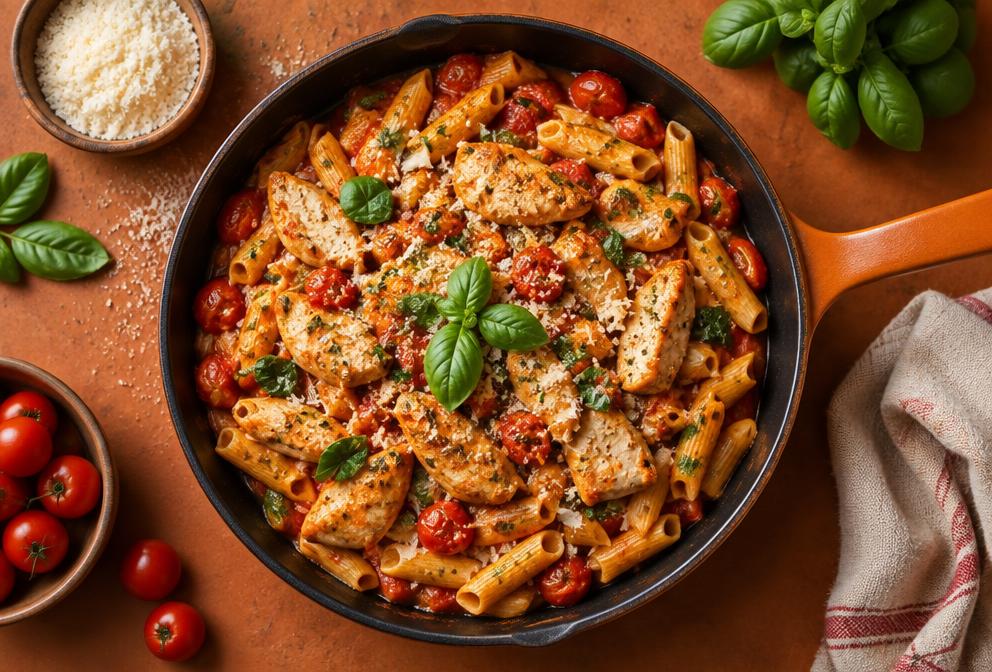 Chicken and tomato pasta in a skillet with fresh basil and parmesan