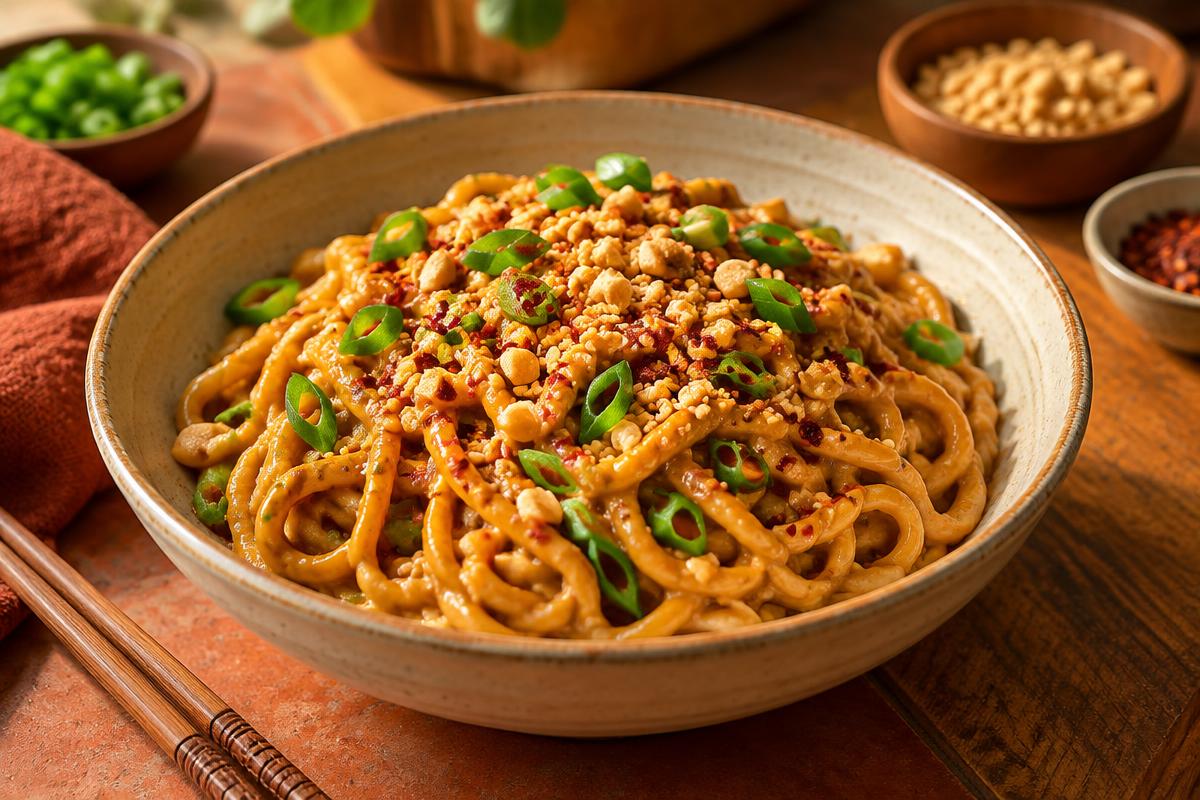 Spicy peanut noodles topped with crushed peanuts, scallions and chili