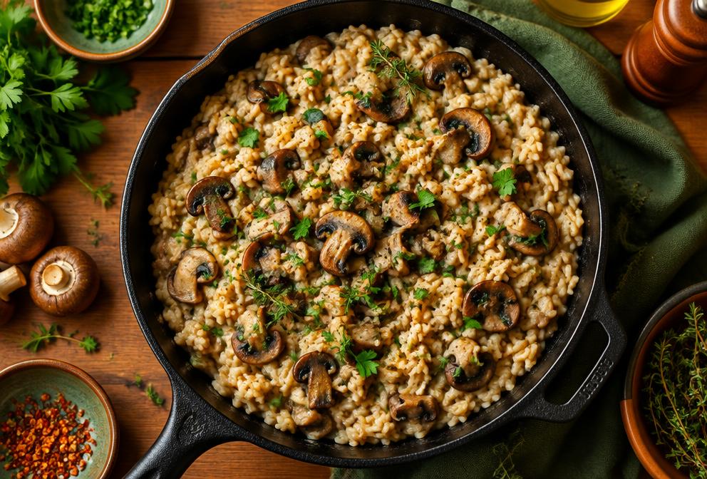 Creamy one-pan mushroom rice in a cast iron pan with fresh herbs