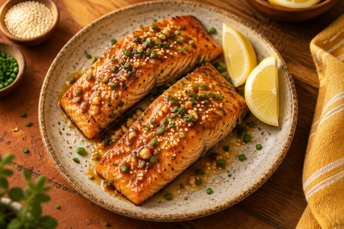 Honey-garlic glazed salmon fillets on a plate with lemon wedges and chives