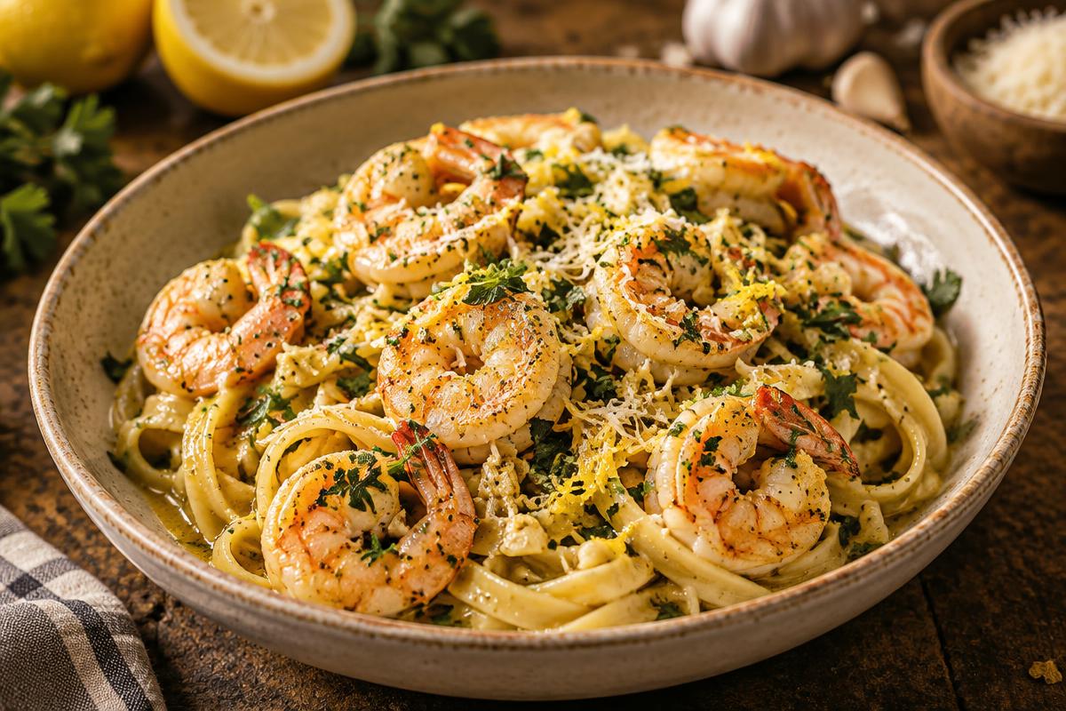 Garlic butter shrimp pasta with parsley, lemon zest and parmesan