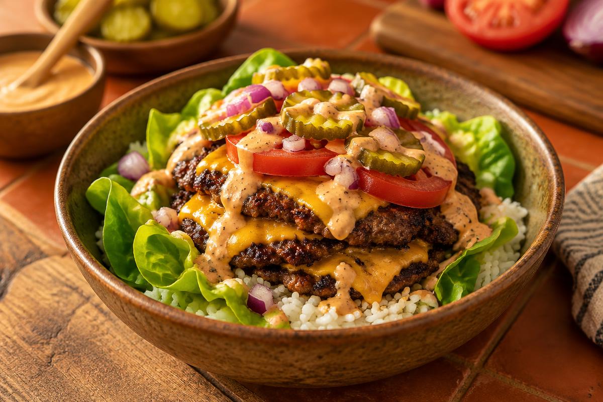 Smash burger bowl with crispy patties, melted cheese, lettuce, tomato and burger sauce over rice