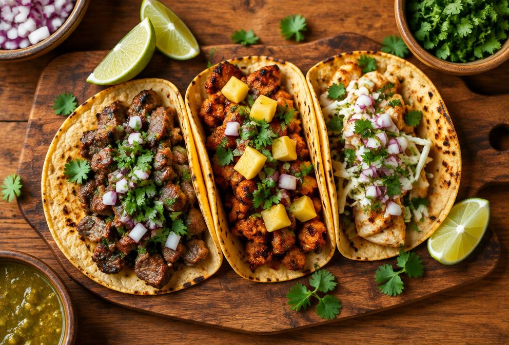 Three street-style tacos with lime, cilantro and red onion on a wooden board