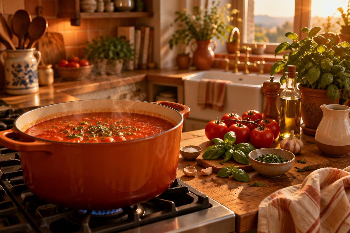 A pot of tomato soup simmering in a warm, golden-hour home kitchen